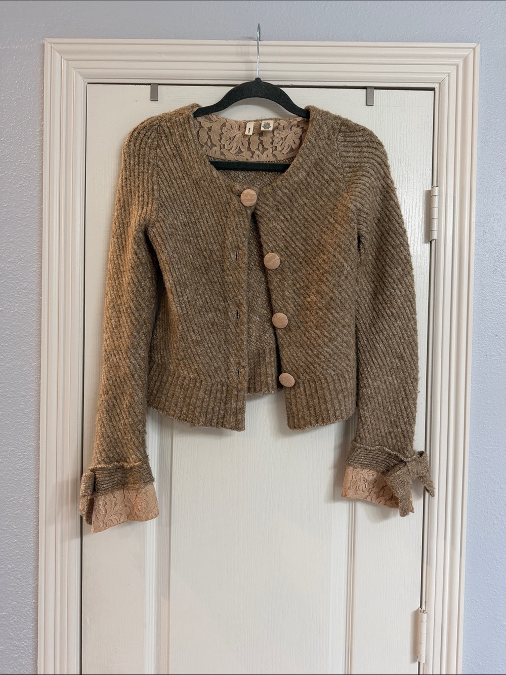 Moth Anthropologie Taupe Brown Button-Front Knit Cardigan with Lace Trim